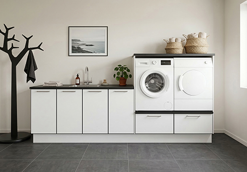 Multi-Living Bryggers sæt med White/Black line | Underskab m. skuffe, Vaskeskab, Gavle, Sokkelsæt - Bryggers sæt 1